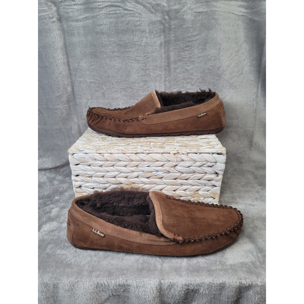 LL Bean Mens Wicked Good Venetian Slippers Brown Suede Shearling 12 M Heritage
